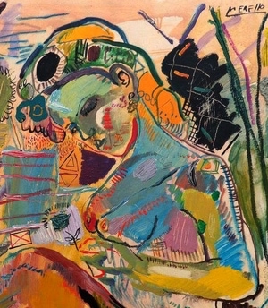 EXPRESSIONISM-EXPRESSIONISTS-Jose Manuel Merello.-Mujer en azules con flor (100 x 81 cm) 
