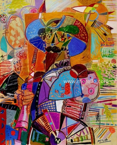 Arte Contemporáneo Actual.-Merello.- "Don Quijote de La Mancha alucinado". (100x81 cm)