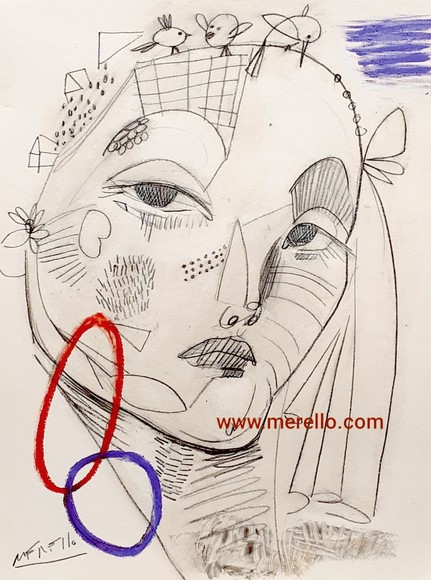 CONTEMPORARY ART. ARTISTS. NEWS.-Merello.- Mujer y pajaritos Pencil on paper