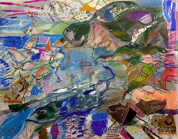 CONTEMPORARY-ART-LANDSCAPES-ARTWORKS-MODERN-PAINTINGS-MEDITERRANEAN-Jose Manuel Merello.-Veleros en el Mediterráneo (81 x 100 cm) Mix media on canvas