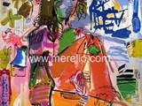 CONTEMPORARY-MODERN-EXPRESSIONISM-ART-merello.-mujer-en-rojo-y-azul-frente-al-mar-(100x81cm)-tecnica-mixta-sobre-lienzo