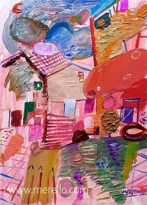 PINTORES-EXPRESIONISMO.ARTE-Jose Manuel Merello.-Aldea rosa (40 x 30 cm) 