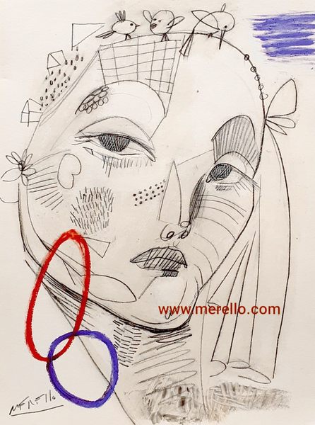 EXPRESSIONISM WORLD, EXPRESSIONISTS TODAY. THE COLOR.-Merello.- Mujer y pajaritos (21 x 29'7 cm) Pencil on paper