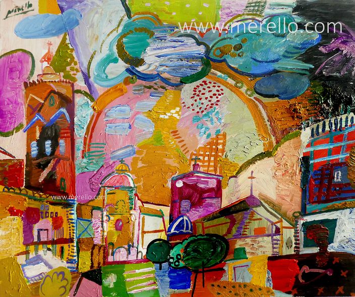MODERN STILL LIFE FLOWERS. ART PAINTING.Jose Manuel Merello.- Valencia. El Miguelete y la Catedral. (50 x 60 cm) Mix media on wood.