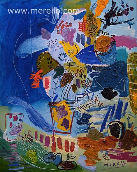 MODERN STILL LIFE FLOWERS. ART PAINTING.Jose-Manuel-Merello.-Florero-con-viento-azul-Mix-media-on-canvas.-Contemporary-artists-painters