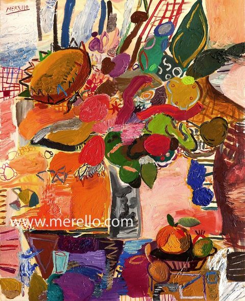 New Contemporary Art. New Contemporary Painting. Present and Future  Art-Merello.-Florero rosa con girasol. (100 x 81 cm)