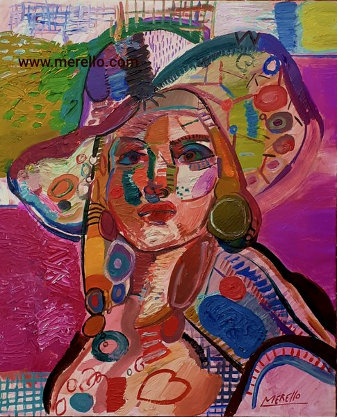 PINTORES CONTEMPORANEOS.-Jose Manuel Merello.-Mujer con pamela de colores. (60 x 50 cm) Tecnica mixta sobre tabla