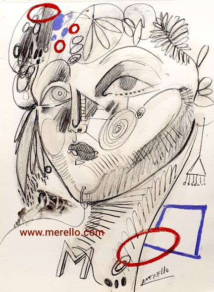 SKETCHES. MODERN ART-Merello.- Girl with M and flowers. Pencil on paper