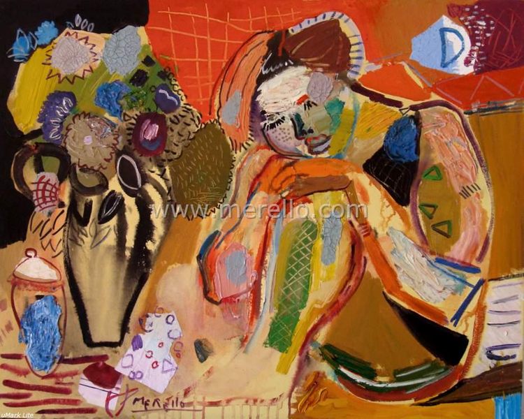 Arte Español. Merello.- Mujer y Florero. El Sueño (81x100 cm) mixta-lienzo. SPANISH MODERN ART. SPAIN CULTURE ART. XXI CENTURY 21