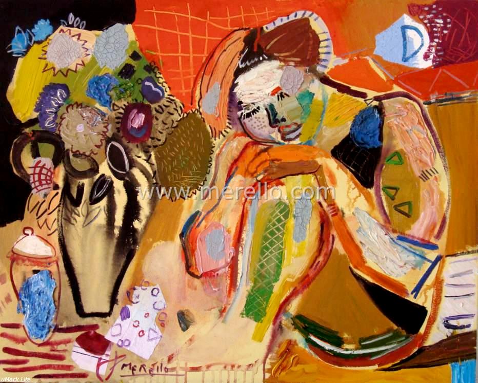 Arte Español, Arte Moderno, Artistasl. Merello.- Mujer y Florero. El Sueño (81x100 cm) mixta-lienzo. Arte Español Contemporáneo. Pintura.