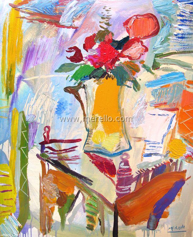 Merello.-Jarrón con Flores de la Pasión (100x81 cm) Technique mixte sur toile.Art Espagnol Contemporaine. Peintres Modernes Actuels