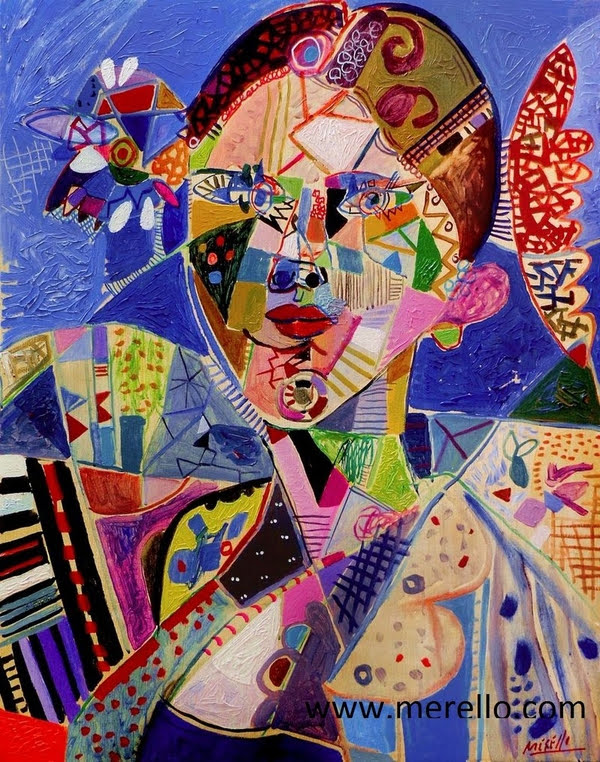 Contemporary Art.-Modern Art.-Jose Manuel Merello.-Blue Spanish woman (100 x 81 cm) Técnica mixta sobre lienzo