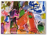 expressionismus-kunst-malerei-merello.-mujer-en-rojo-y-azul-frente-al-mar-(100x81cm)mixta-lienzo.