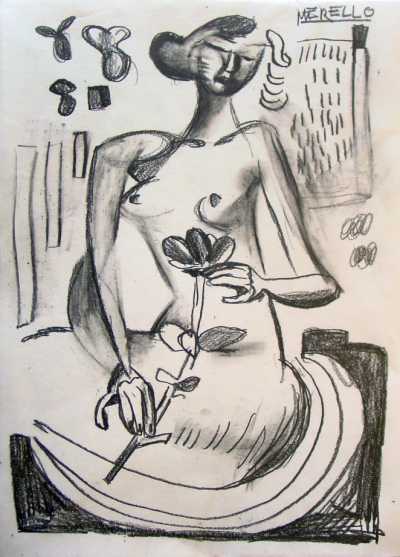 EXPRESSIONISM ART. BRUSHSTROKE EXPRESSIONIST ARTISTS.Anna Erotic with flower (49x36 cm) Pencil
