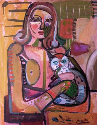 EXPRESSIONISM ART. BRUSHSTROKE EXPRESSIONIST ARTISTS.Woman with Cat (92x73 cm). Acrylic