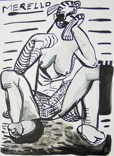 EXPRESSIONISM ART. BRUSHSTROKE EXPRESSIONIST ARTISTS.Woman with Handkerchief (49x36 cm). Indian Ink