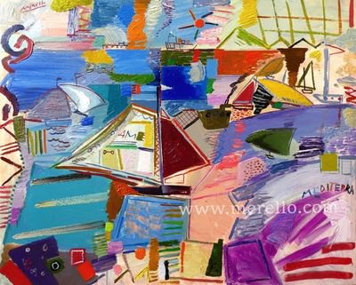 Pintura de paisajes. Arte contemporáneo. Cuadros. Jose Manuel Merello.-Barcos y veleros en el Mediterráneo (81 x 100 cm) Mix media on canvas
