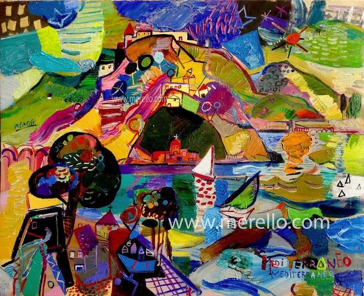 pintura-moderna-espanola-contemporanea-Jose Manuel Merello.-Primavera Mediterránea (81 x 100 cm) Mixta-Lienzo